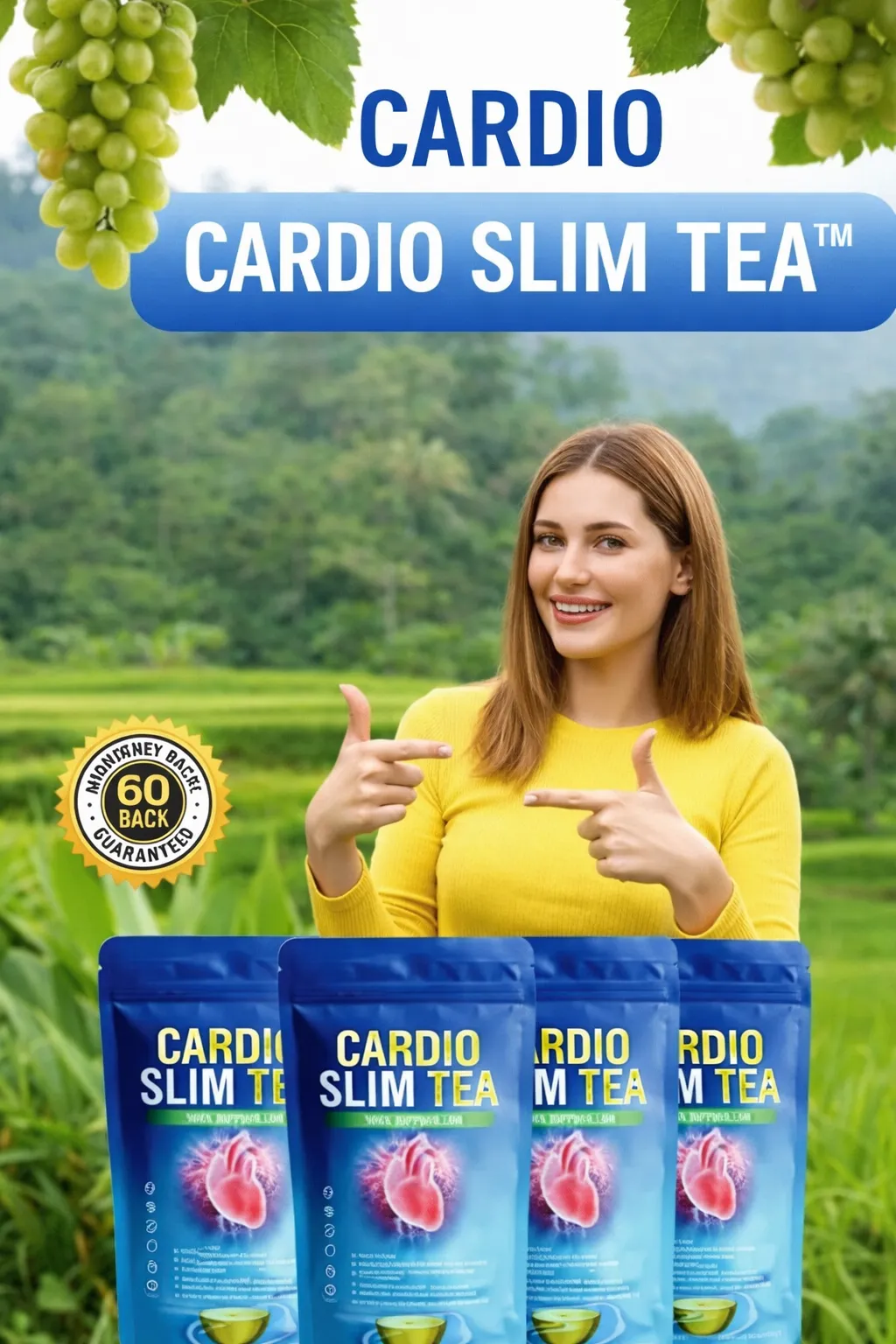Happy woman pointing to Cardio Slim Tea bags in a green field.