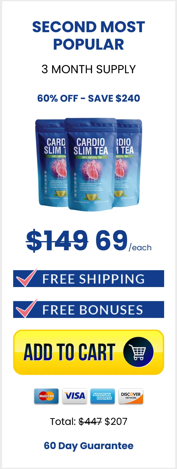 A promotional graphic for a Cardio Slim Teatrial package offering two bottles for a 3 month supply at  fifty-nine dollars per Pkt.