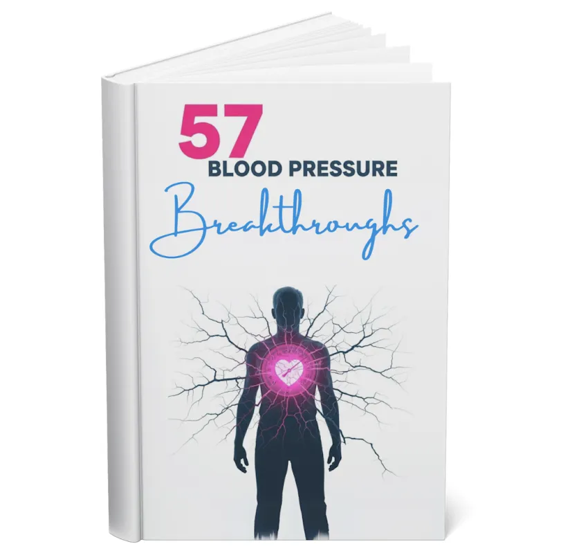 57 Blood Pressure Breakthroughs book cover with a heart health illustration.